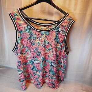 Derek Heart Plus Multicolor Floral Sleeveless Crew Neck Tank Top 2X Semi Sheer